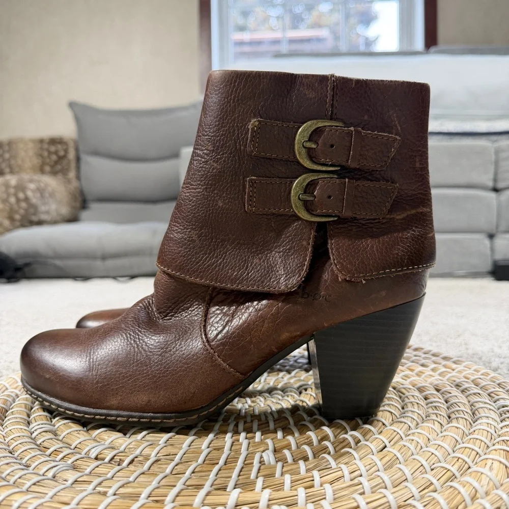 b.o.c Women’s Viana Leather Booties Ankle Boots Blocked Heel Zip Side in Brown 8